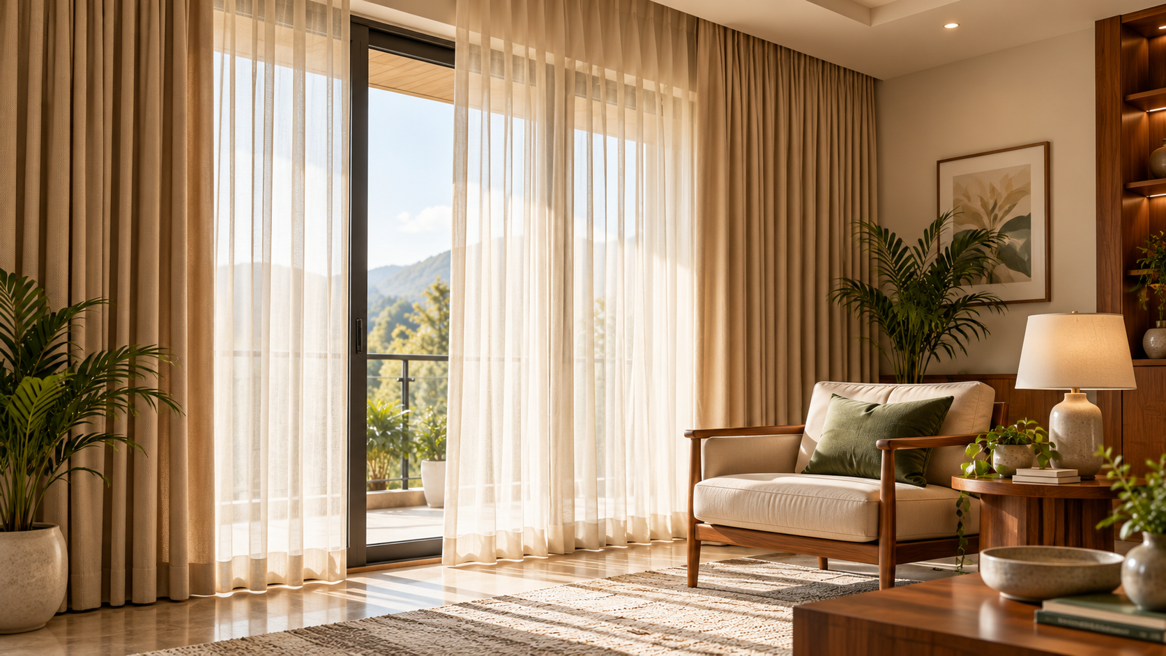 Layered curtains in a warm living room