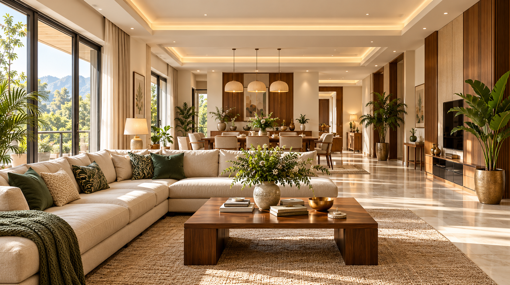 Coordinated open-plan living and dining interior