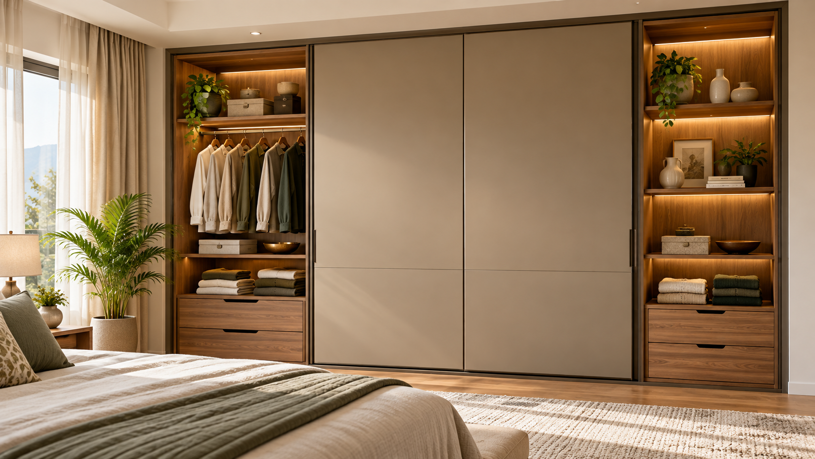 Modern fitted wardrobe with warm timber storage